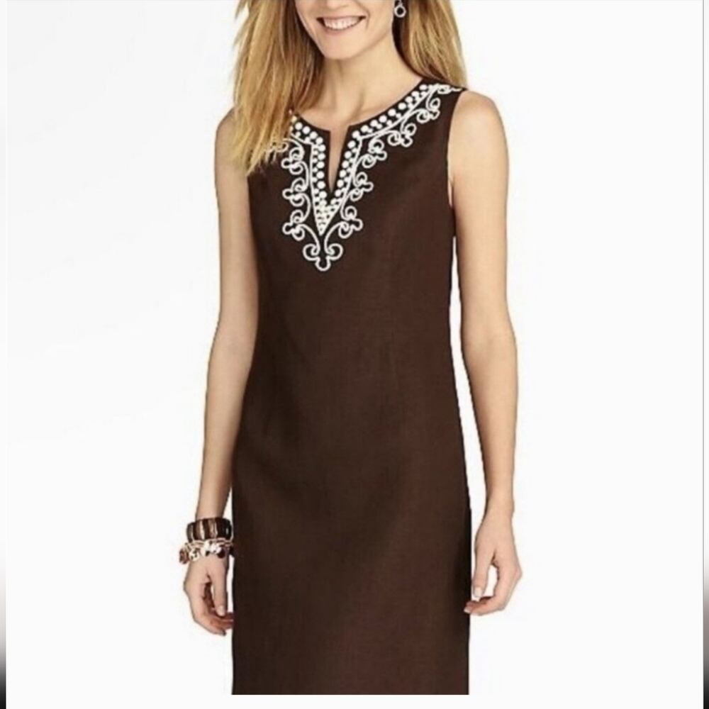 Talbots Brown Sleeveless Linen Beaded Dress Size 6P